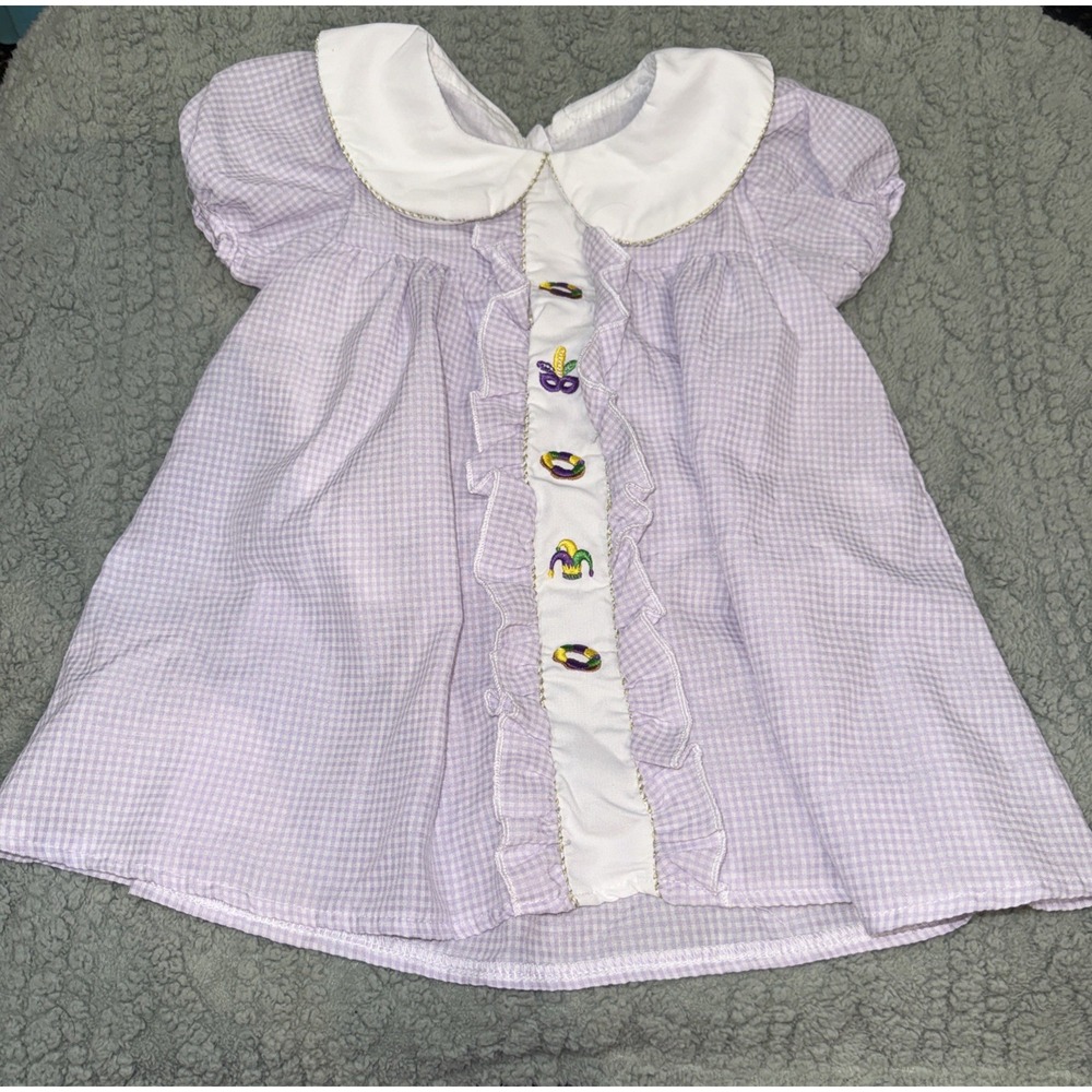 Mardi Gras Smocked Top King Cake Jester Purple Gingham 6-12 Months